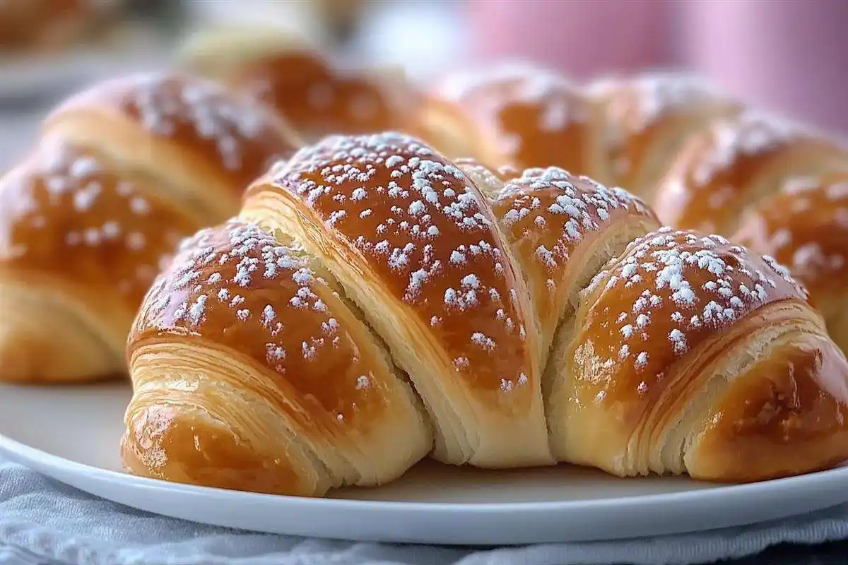 A rustic arrangement of golden, flaky Swiss gipfeli recipe on a wooden table under soft natural light