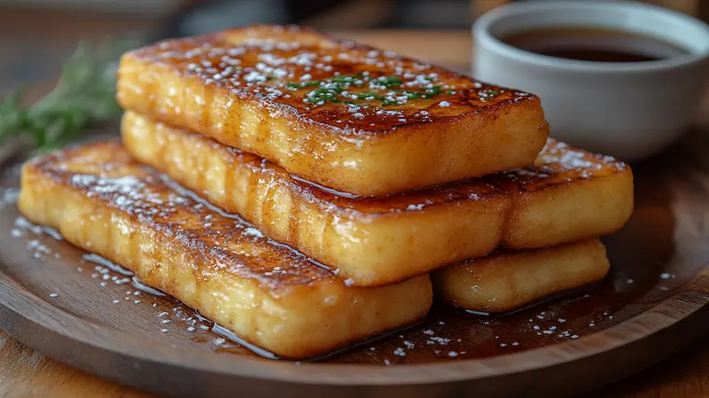 Golden French Toast Sticks served with syrup for dipping.