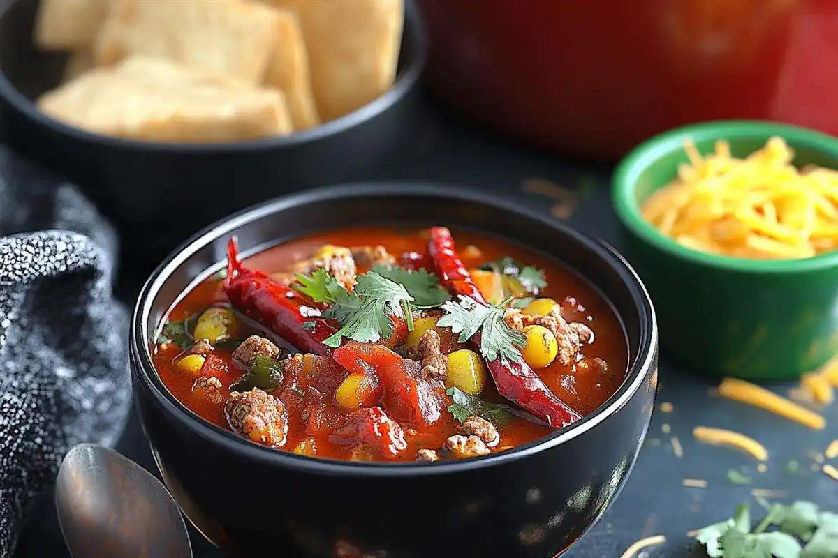 A bowl of cowboy chili with tender beef, beans, and tomatoes garnished with green onions, served with a slice of cornbread on a rustic wooden table.