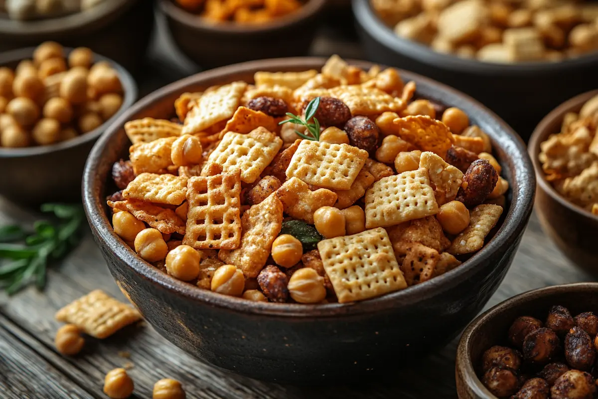 Bowl of traditional Chex Mix peanut free with gluten-free pretzels and roasted chickpeas.
