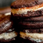 gochujang chocolate cookies stacked with spicy red swirl