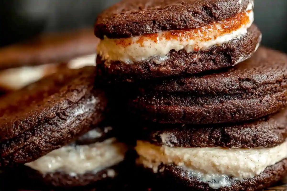 gochujang chocolate cookies stacked with spicy red swirl