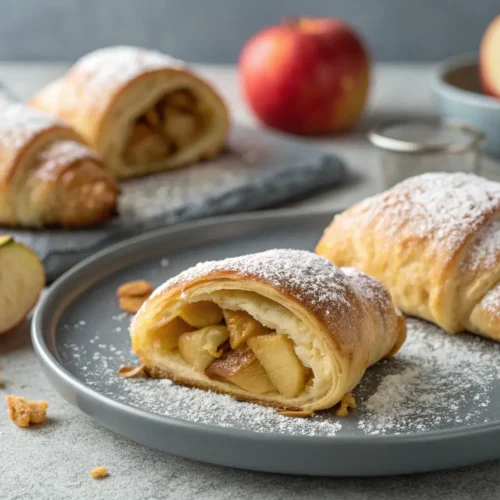 Crescent Roll Apple Dumplings Recipe 2 Close-up of baked Crescent Roll Apple Dumplings on gray background