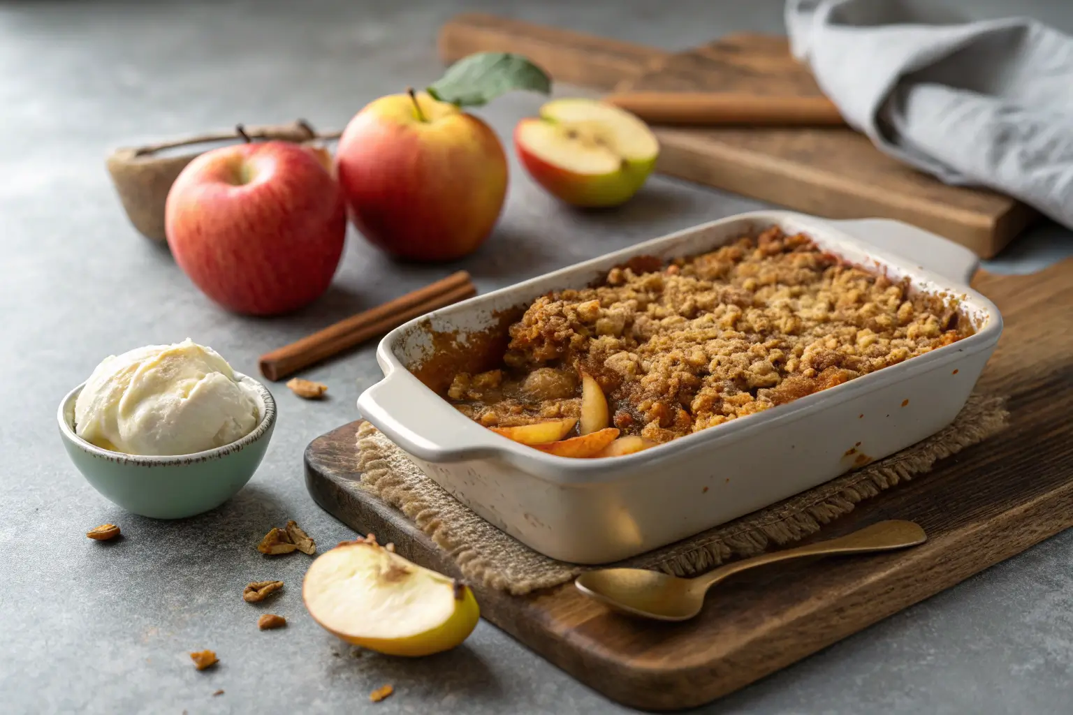 Close-up of Amish Apple Crisp with golden oat topping.