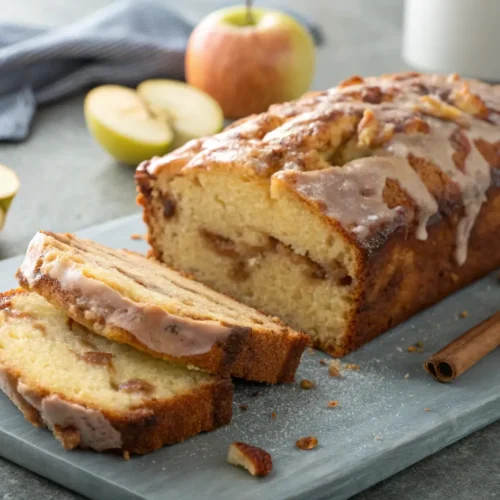 Amish Apple Fritter Bread Recipe 3 Sliced Amish apple fritter bread with a glaze on a table.