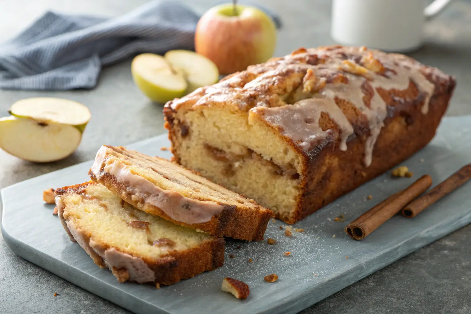 Sliced Amish apple fritter bread with a glaze on a table.