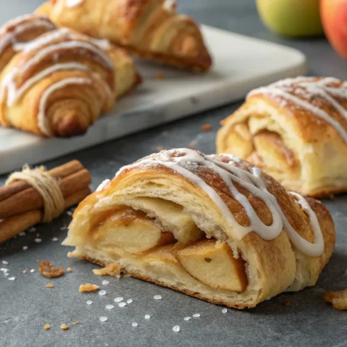 Apple Cinnamon Croissants – Easy Mini Apple Bites 2 Golden-brown apple cinnamon croissants drizzled with icing.