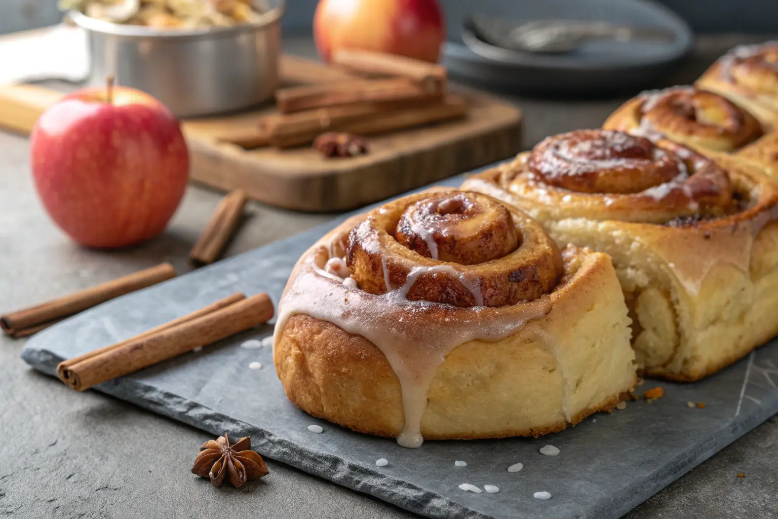 Close-up of apple cinnamon roll bake with icing on a gray surface.