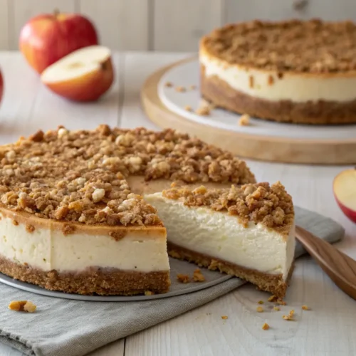 Apple Crisp Cheesecake for Dessert Lovers 3 Close-up of a slice of Apple Crisp Cheesecake on a wooden surface.