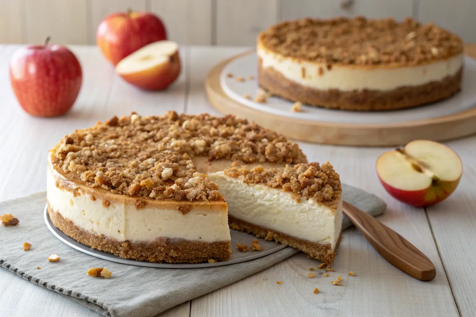Close-up of a slice of Apple Crisp Cheesecake on a wooden surface.