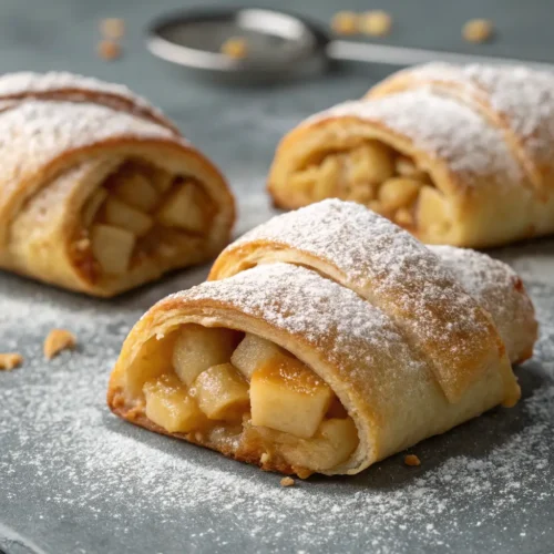 Apple In Crescent Rolls: Easy Dessert Recipe 3 Close-up of apple-filled crescent rolls dusted with powdered sugar.
