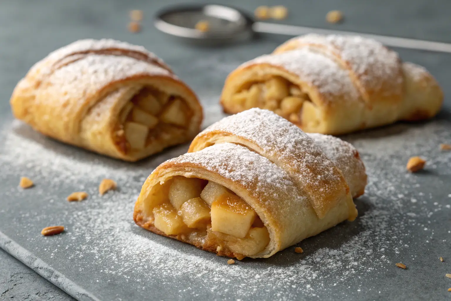Close-up of apple-filled crescent rolls dusted with powdered sugar.