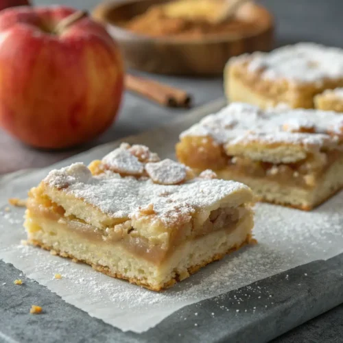 Apple Pie Bars Recipe: Easy and Delicious 3 Close-up of apple pie bars with powdered sugar on a gray surface.