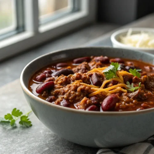 Best Chili Recipe with Ground Beef and Beans 3 Close-up of a bowl of chili with ground beef and beans.
