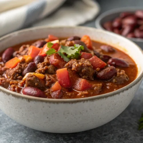 Best Homemade Chili Recipe Without Onions 3 Close-up of a bowl of homemade chili with ground beef and beans.