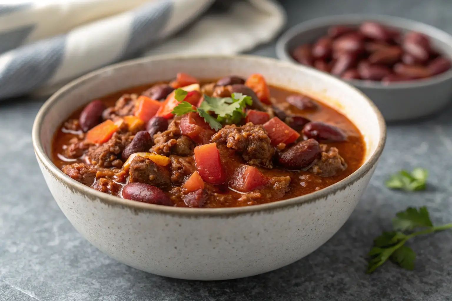 Close-up of a bowl of homemade chili with ground beef and beans.