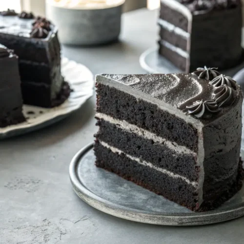 Delicious Black Velvet Halloween Cake Recipe 2 Close-up of a black velvet Halloween cake with cream cheese frosting.