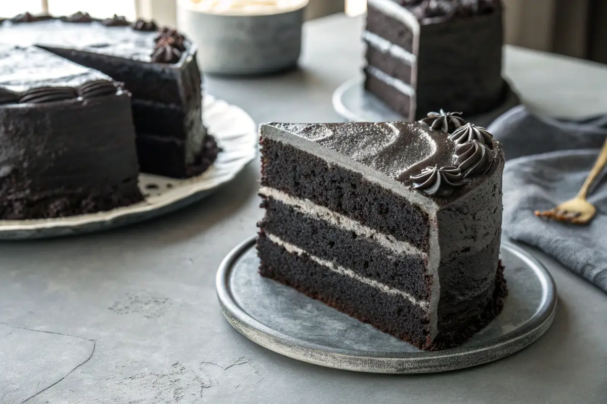 Delicious Black Velvet Halloween Cake Recipe 1 Close-up of a black velvet Halloween cake with cream cheese frosting.
