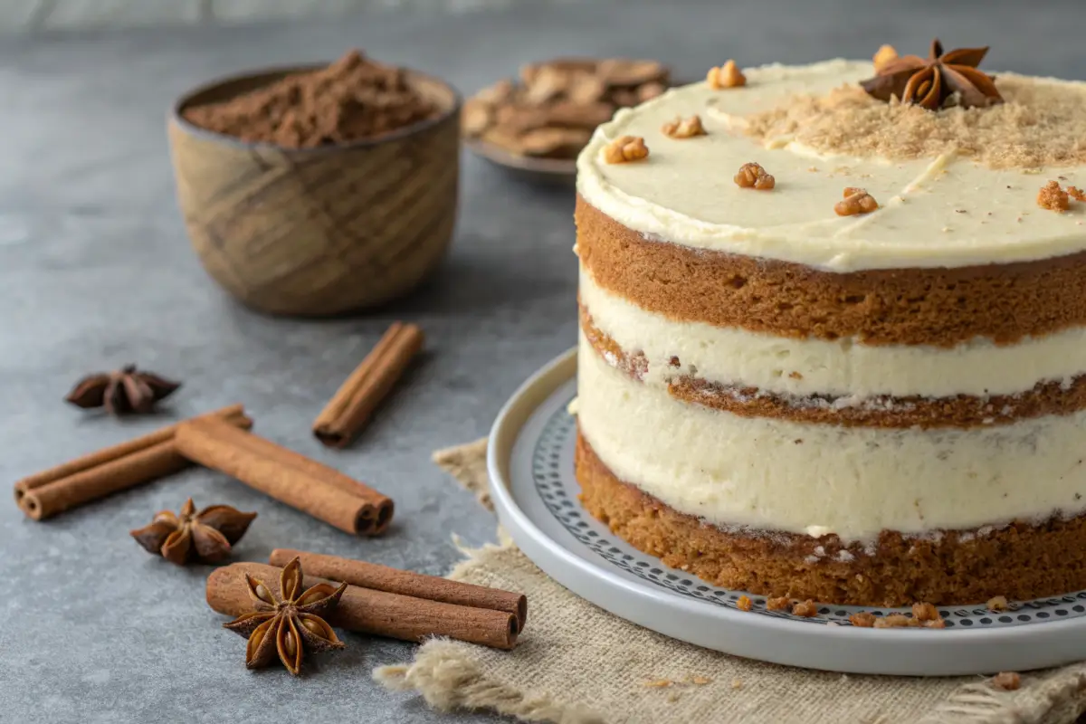 Close-up of chai cake with cream cheese frosting on gray background