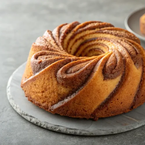 Cinnamon Swirl Bundt Cake Recipe 2 Close-up of a Cinnamon Swirl Bundt Cake on a gray tabletop.