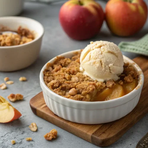 Close-up of baked apple crisp with golden topping on gray surface.