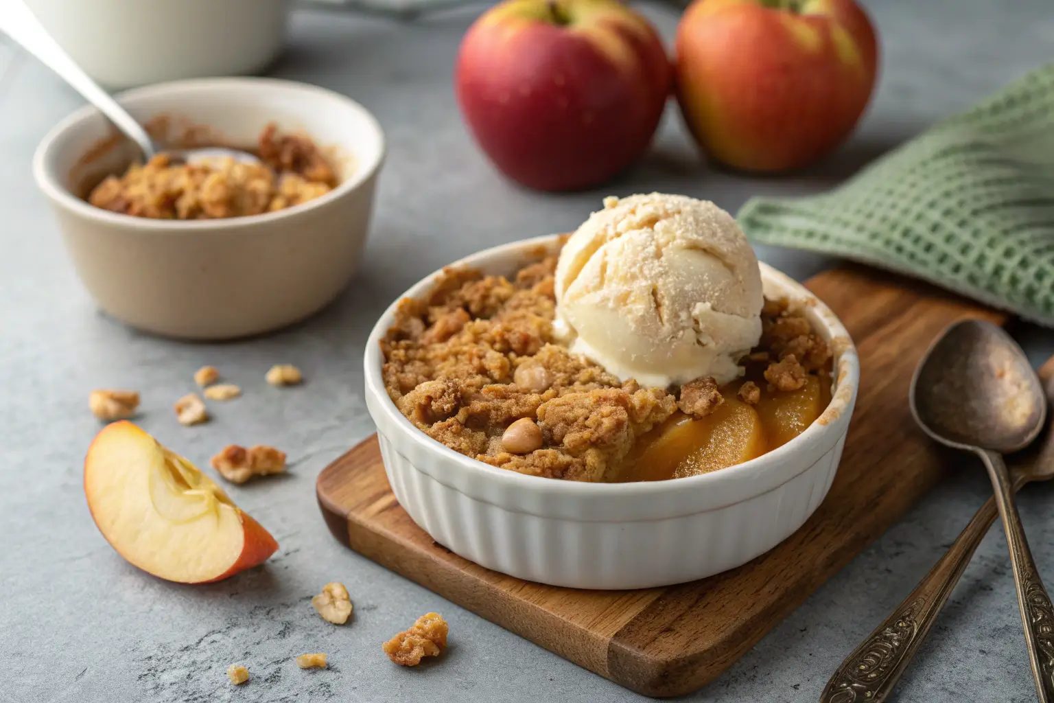Close-up of baked apple crisp with golden topping on gray surface.