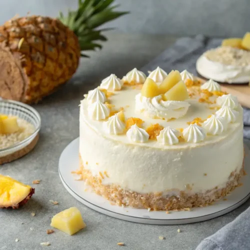 Coconut Pineapple Dream Cake Recipe 2 Coconut Pineapple Dream Cake with frosting and coconut topping.