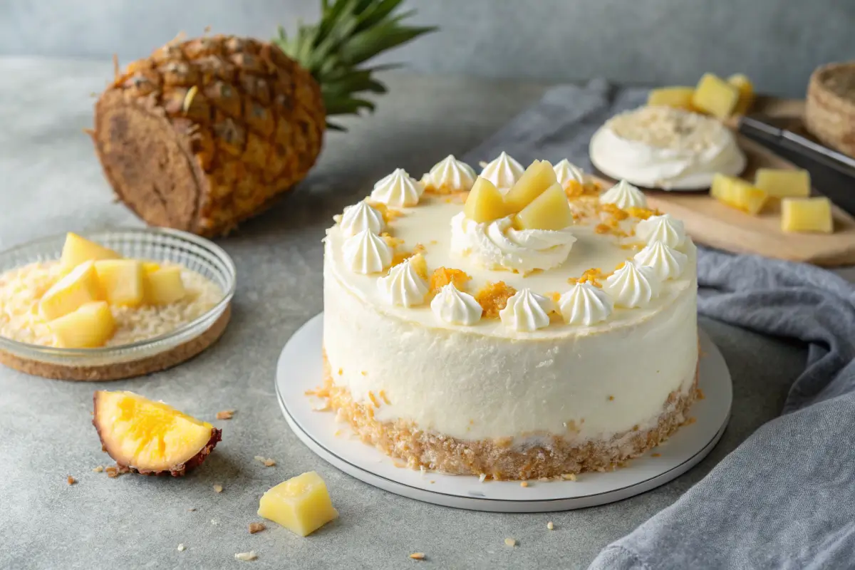 Coconut Pineapple Dream Cake with frosting and coconut topping.