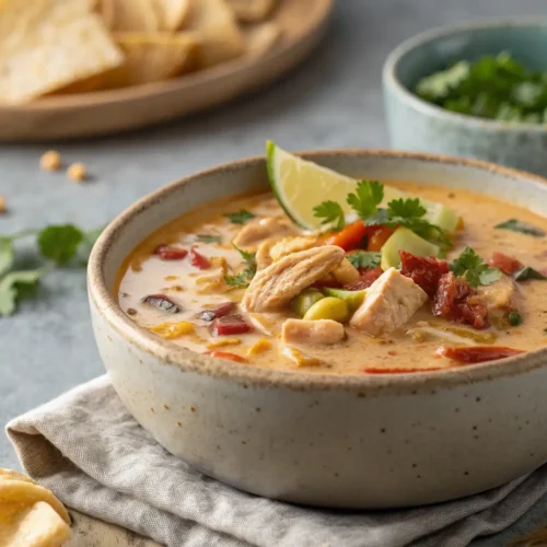 Chicken Taco Soup Recipe for Easy Dinner 2 Creamy Chicken Taco Soup in a rustic bowl