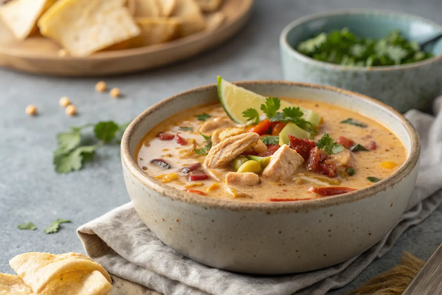 Creamy Chicken Taco Soup in a rustic bowl
