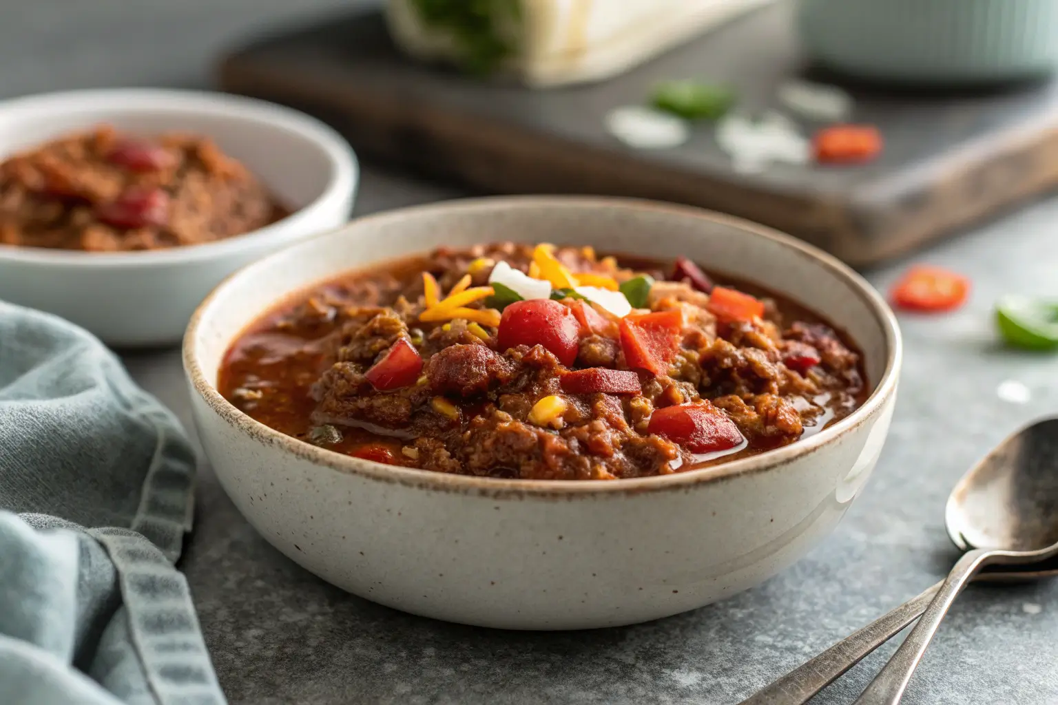 Close-up of a bowl of Crockpot No Bean Chili with spices.
