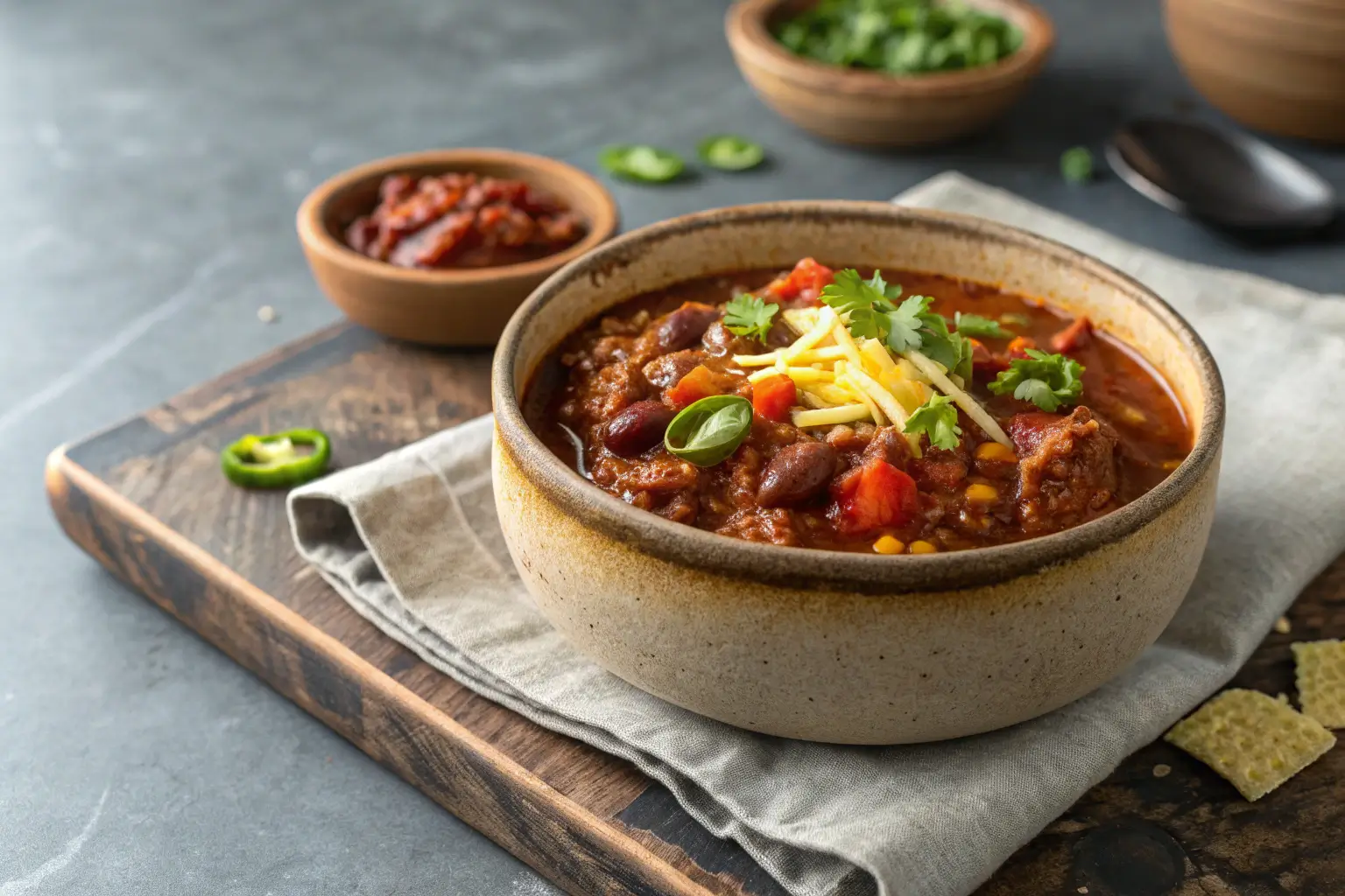 Close-up of Crockpot No Bean Chili in a bowl on a gray surface.