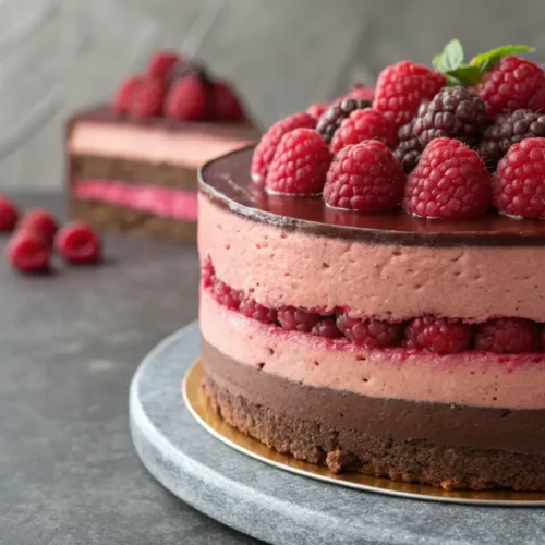Dark Chocolate Raspberry Mousse Cake Recipe 2 Close-up of a Dark Chocolate Raspberry Mousse Cake slice.
