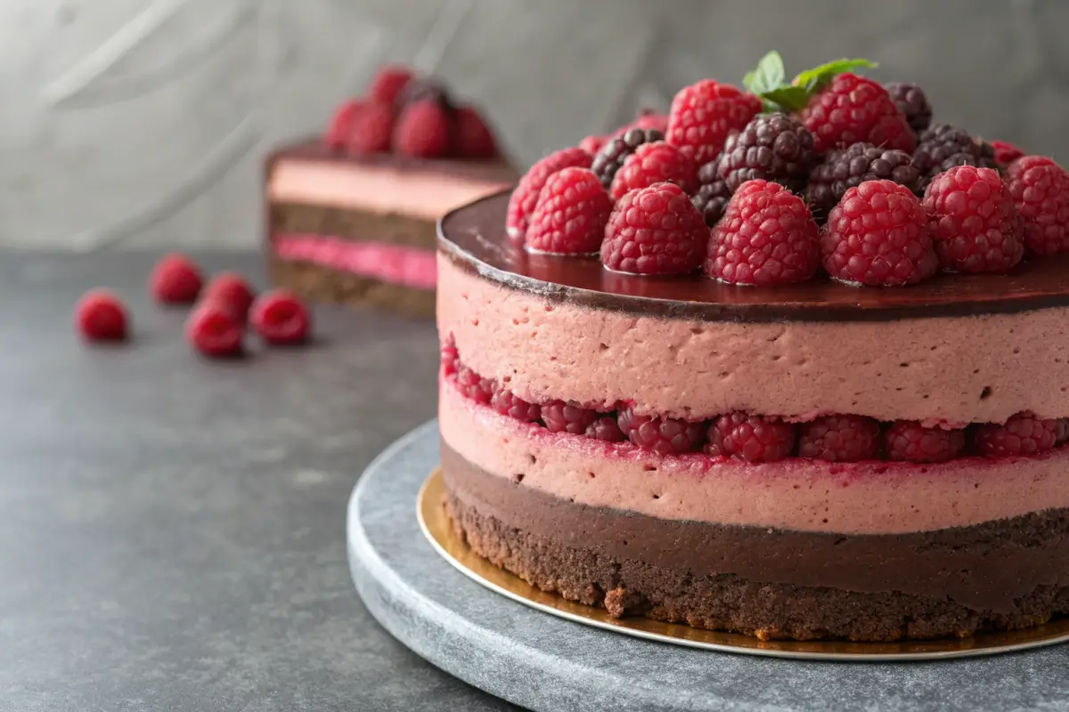 Close-up of a Dark Chocolate Raspberry Mousse Cake slice.