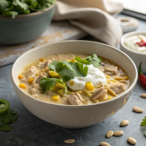 Delish White Chicken Chili Recipe 2 Close-up of White Chicken Chili with sour cream and cilantro