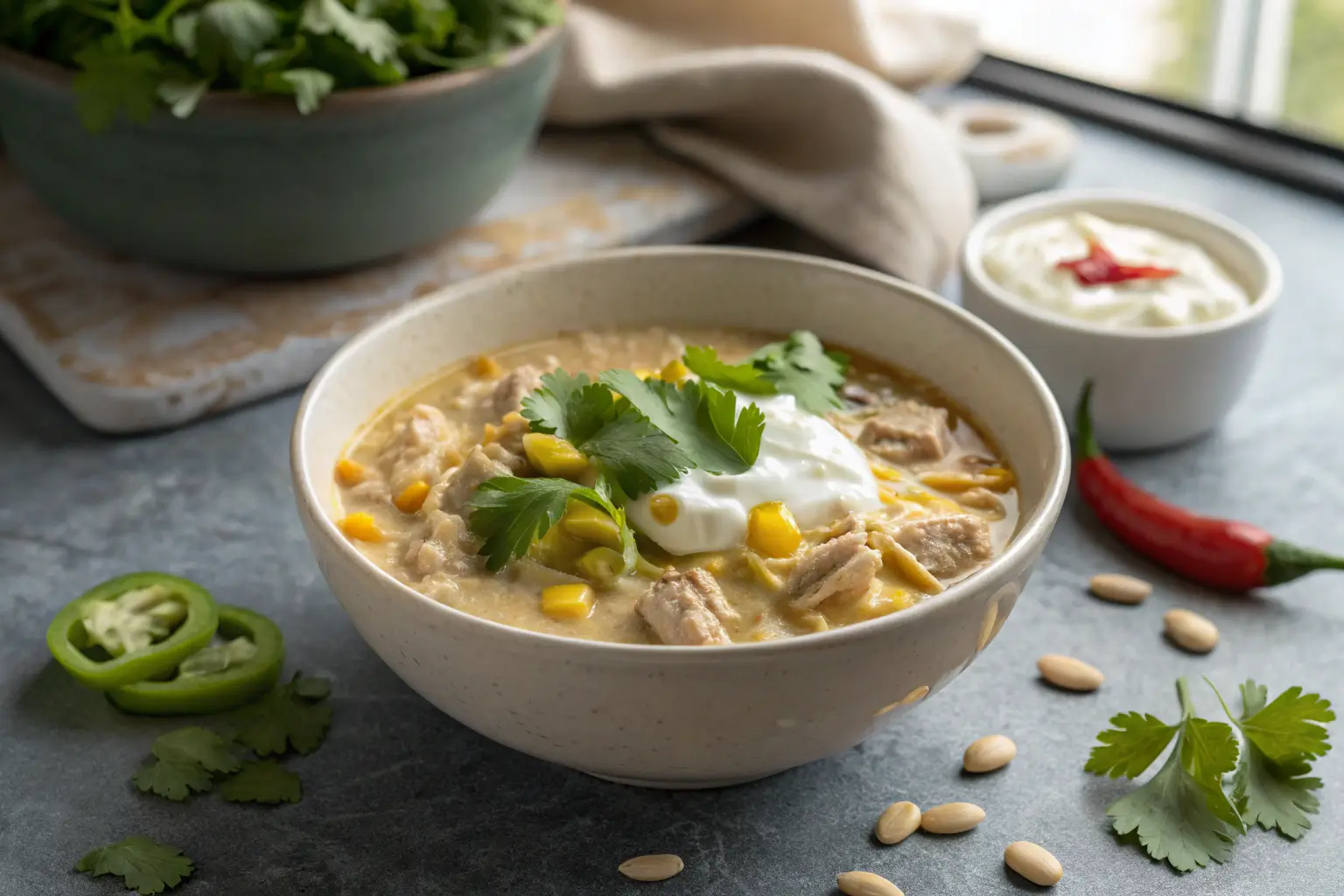 Close-up of White Chicken Chili with sour cream and cilantro