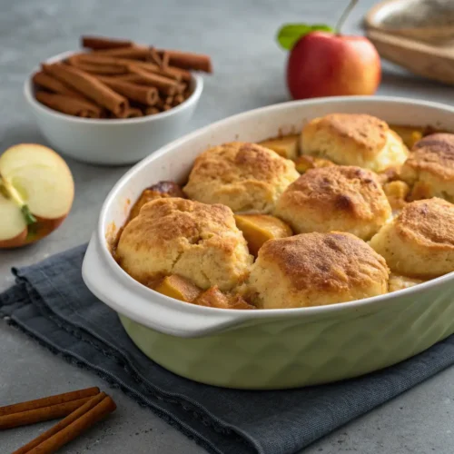 Easy Apple Bubble Up Casserole Recipe 3 Close-up of Easy Apple Bubble Up Casserole with apples and biscuits.