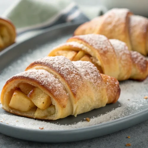 Easy Apple Crescent Roll Dessert 2 Close-up of apple crescent rolls dusted with powdered sugar.