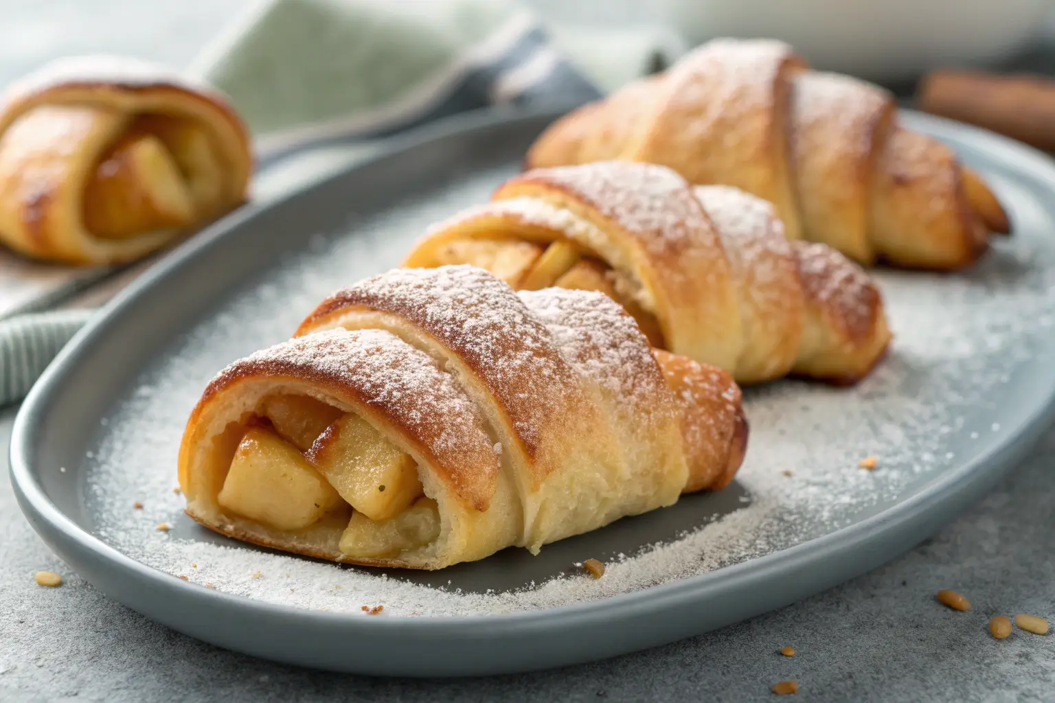 Close-up of apple crescent rolls dusted with powdered sugar.
