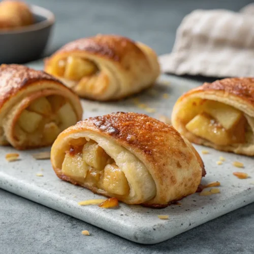 Easy Apple Dumplings with Crescent Rolls 2 Golden apple dumplings with crescent rolls on a gray surface.