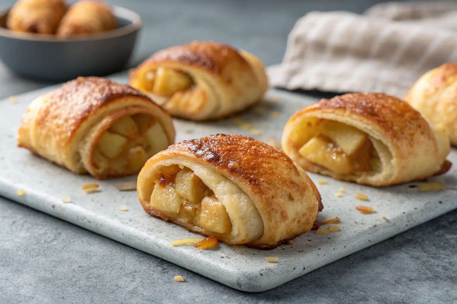 Golden apple dumplings with crescent rolls on a gray surface.