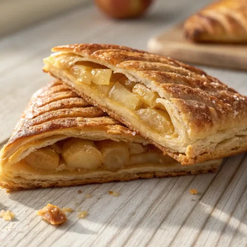 Easy Apple Turnovers with Crescent Rolls 2 close-up of a golden apple turnovers on a wooden table