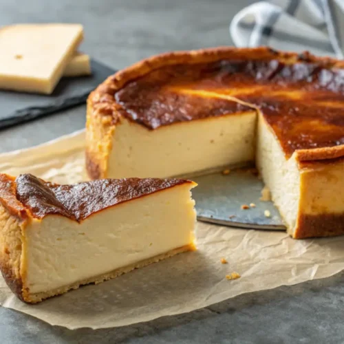 Easy Baked Loaf Pan Basque Cheesecake Recipe 2 Close-up of a baked Basque cheesecake on a concrete surface.