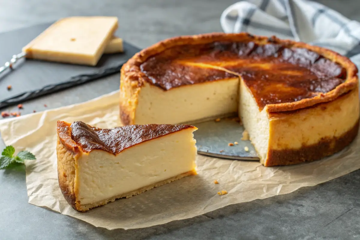 Close-up of a baked Basque cheesecake on a concrete surface.