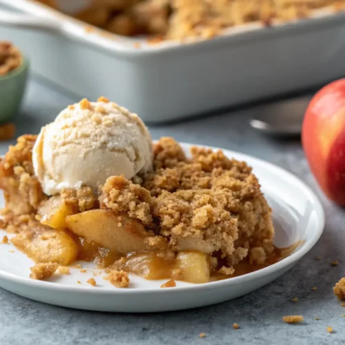 Easy Classic Apple Crisp Recipe 3 Close-up of a delicious apple crisp dessert with golden topping.