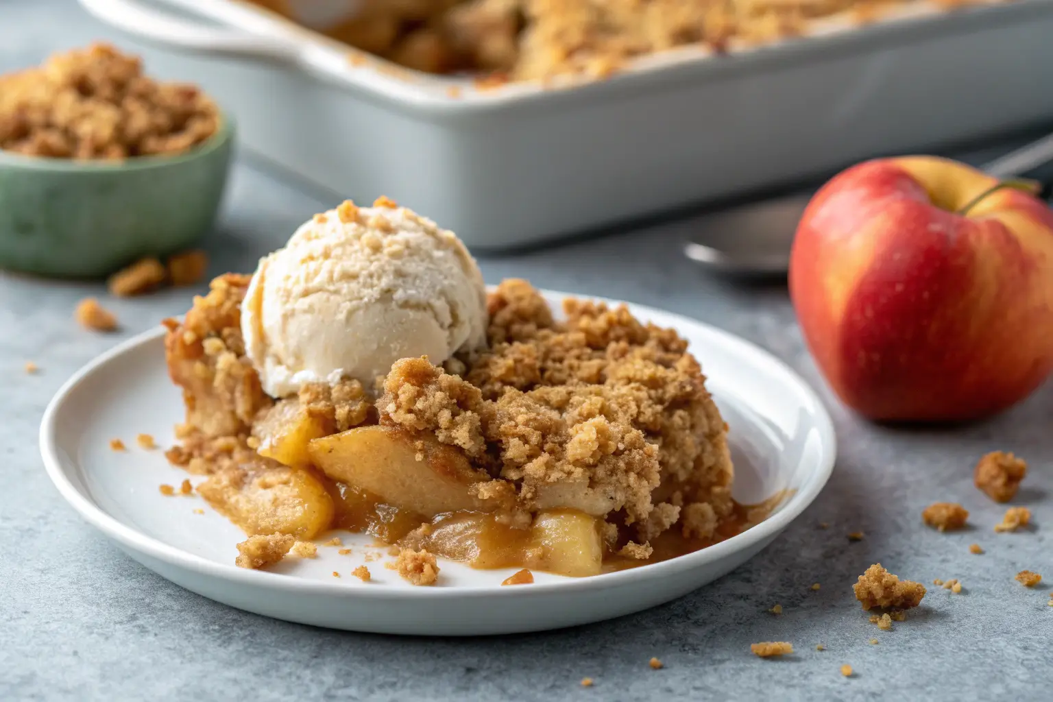 Close-up of a delicious apple crisp dessert with golden topping.