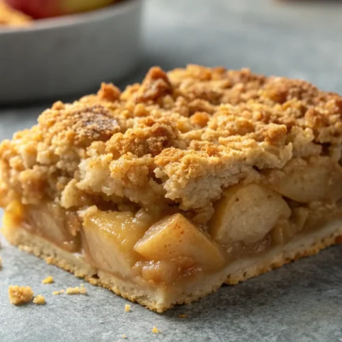 Easy Classic Apple Crisp Recipe 2 Close-up of a baked apple crisp dessert on a gray surface.