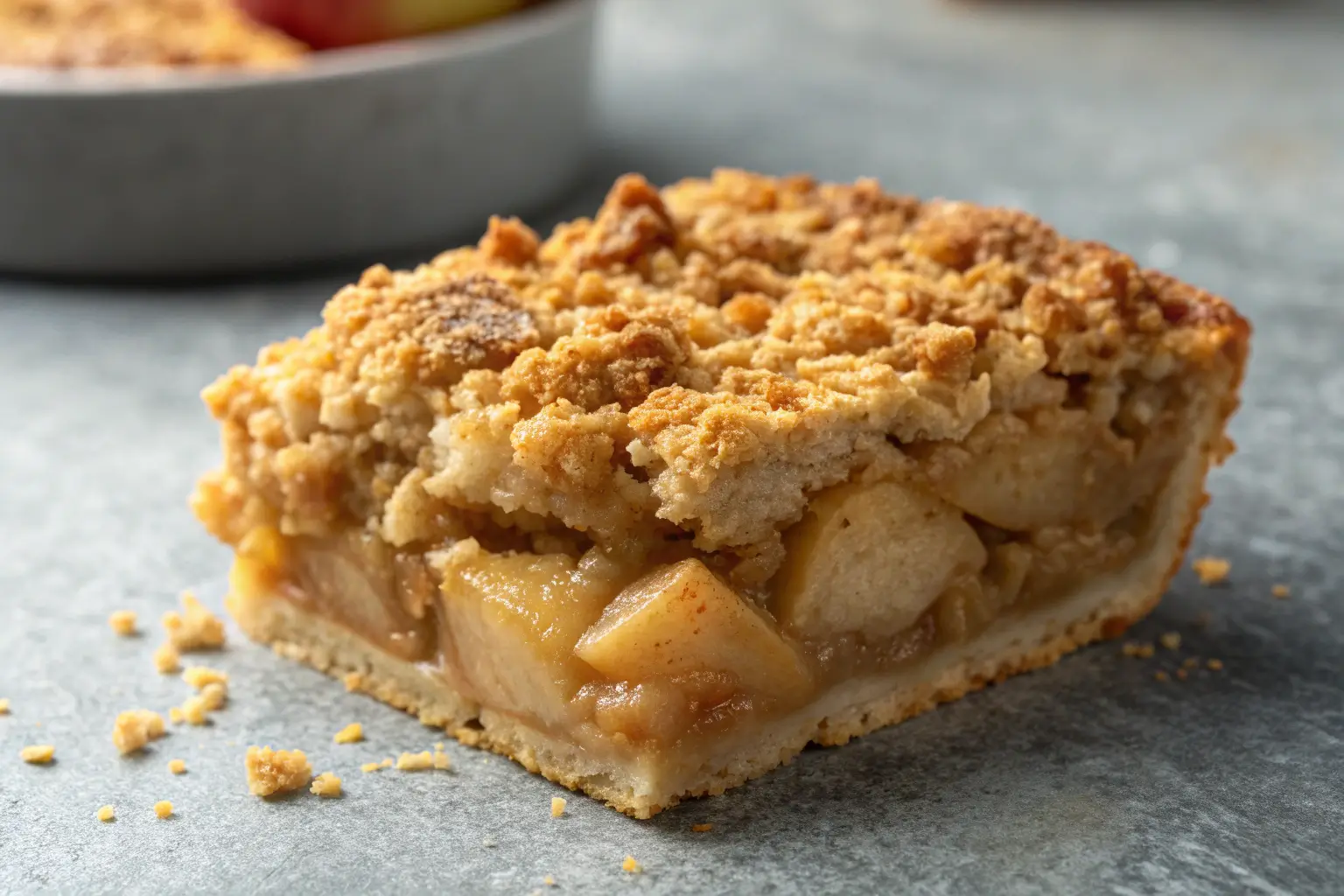 Close-up of a baked apple crisp dessert on a gray surface.