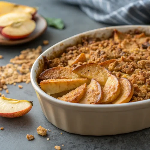 Close-up of apple crisp with crispy topping and baked apples.