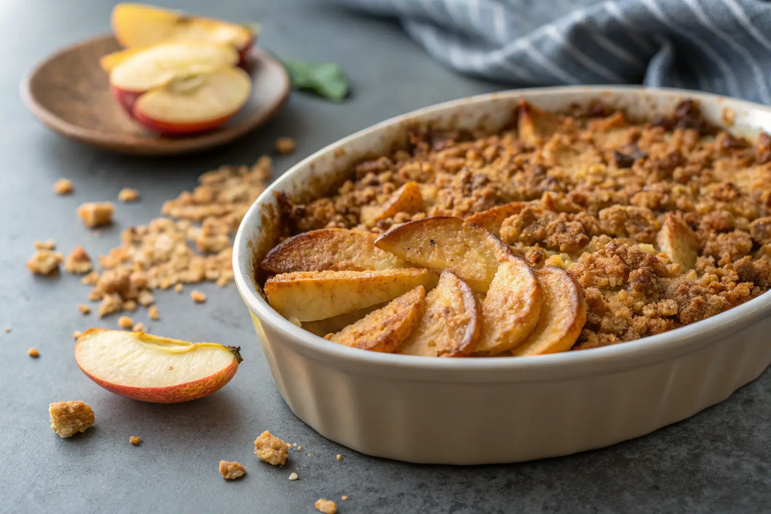 Close-up of apple crisp with crispy topping and baked apples.